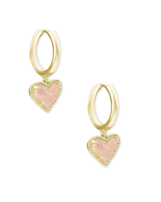 Hoop earrings with polished silver finish for a shiny, modern appeal-Ari Heart Huggie Ear Gold Rose Quartz