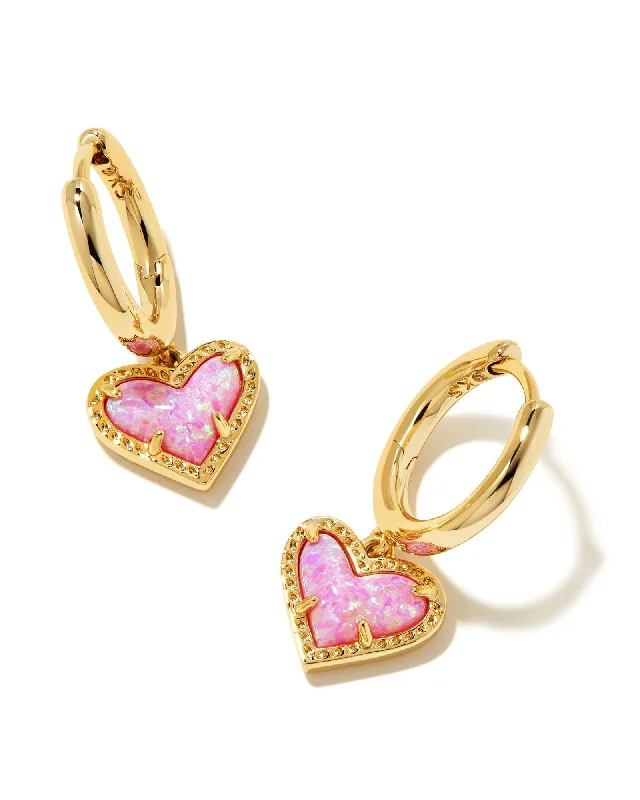 Best hoop earrings with stacked layers for a dimensional and bold look-Ari Heart Huggie Earring in Gold Bubblegum Pink Kyocera Opal