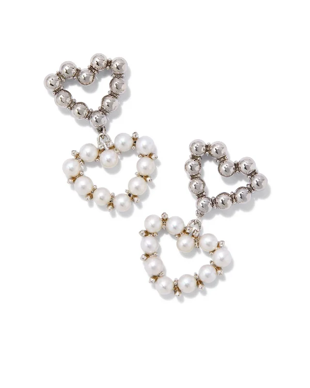 Hoop earrings with luxe velvet finishes for a rich and luxurious touch-Ashton Heart Drop Earring in Rhodium White Pearl