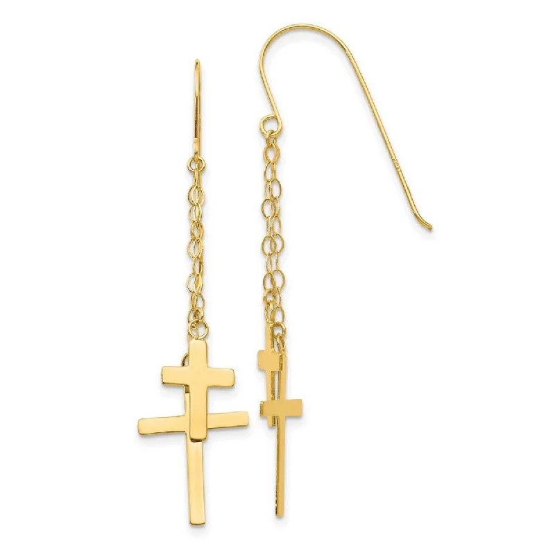 Hoop earrings with leather accents for a sleek and bold combination-Curata 14k Yellow Gold 56x12mm Double Cross Chain Dangle Hook Earrings