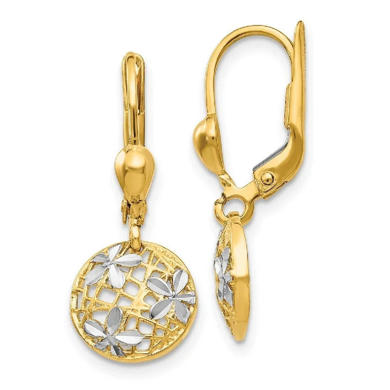 Hoop earrings with abstract wirework for an artistic, unique look-Curata 14k Yellow Gold and Rhodium 24x7mm Textured Circle Dangle Leverback Earrings