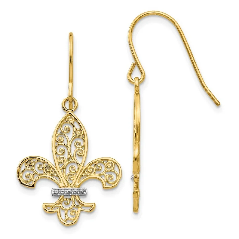 Best hoop earrings with vintage rhinestone embellishments for a retro-glam effect-Curata 14k Yellow Gold and Rhodium Dangle Filigree Fleur De Lis Hook Earrings 34x18mm