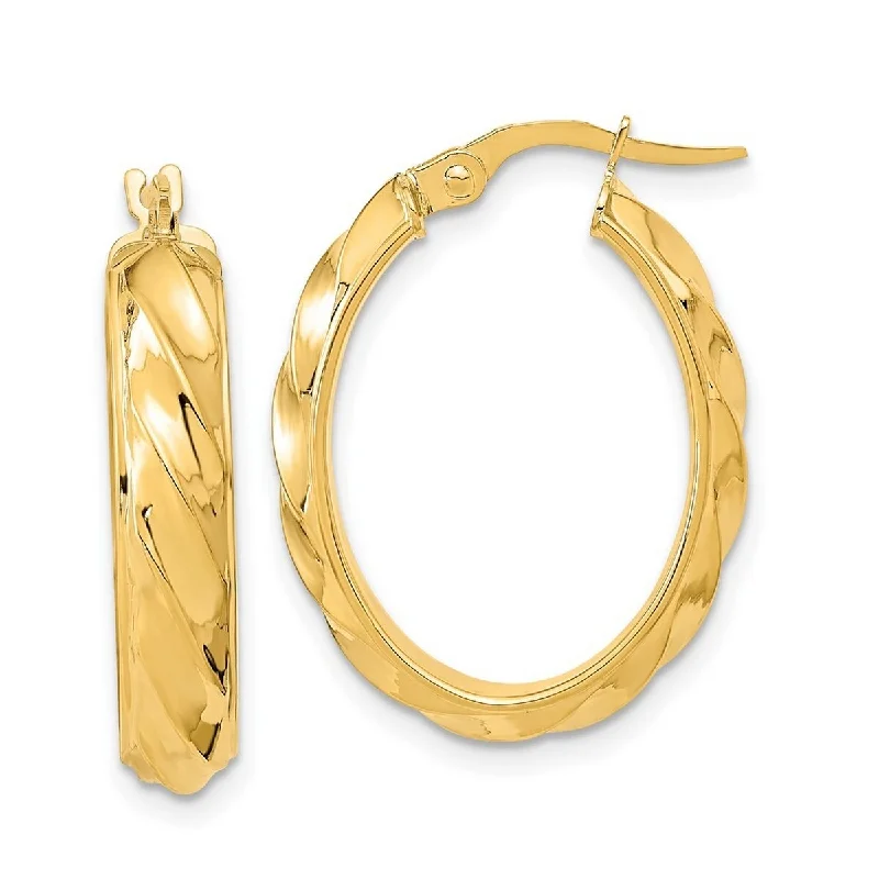 Best hoop earrings with enamel details for a colorful and modern look-Curata 14k Yellow Gold Polished andStriped 25.4x4.75mm Oval Hoop Earrings