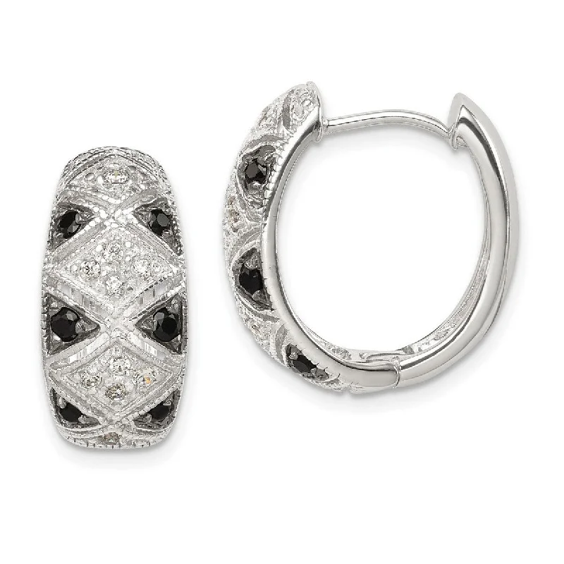 Hoop earrings with rhinestone embellishments for a glamorous and sparkling look-Curata 925 Sterling Silver Pave Black and Clear CZ Cubic Zirconia Art Deco Hinged Huggies Hoop Earrings (8mm x 18mm)