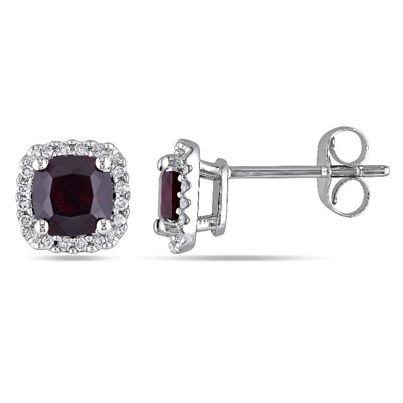 Best hoop earrings with gold-plated finishes for an affordable luxury vibe-Cushion Cut Garnet and 1/10 CT TW Diamond Halo Earrings in 10k White Gold