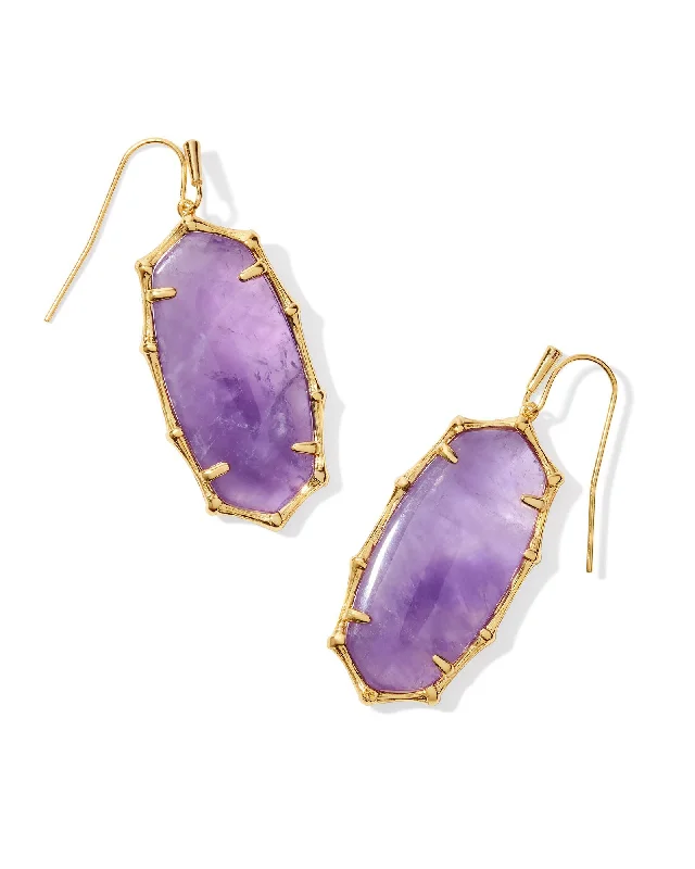 Best hoop earrings with smooth ceramic finishes for a polished, clean style-Elle Bamboo Framed Drop Earring in Gold Dark Purple Amethyst