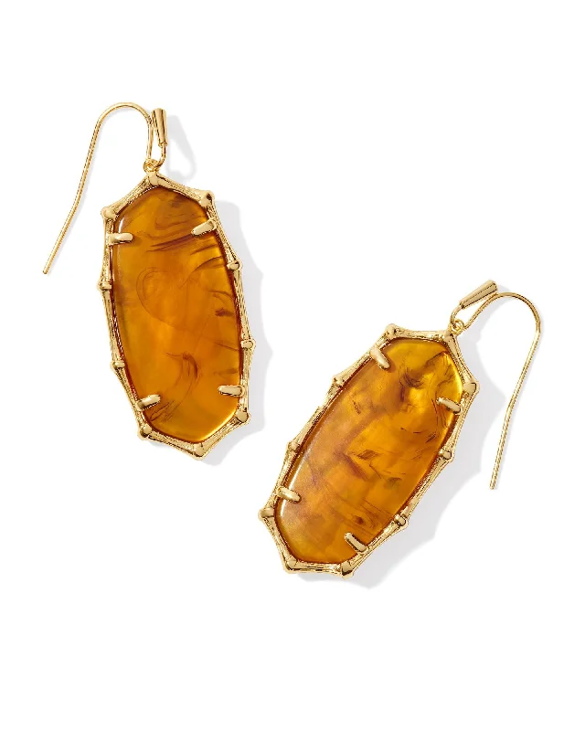 Hoop earrings with leather accents for a sleek and bold combination-Elle Bamboo Framed Drop Earring in Gold Marbled Amber Illusion