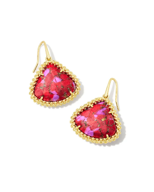 Best hoop earrings with satin ribbons for a soft, feminine appearance-Framed Kendall Large Drop Earring in Gold Bronze Veined Red and Fuchsia Magnesite