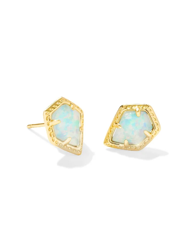 Hoop earrings with intricate designs for a unique and artistic appearance-Framed Tessa Stud Earring in Gold Luster Light Blue Kyocera Opal