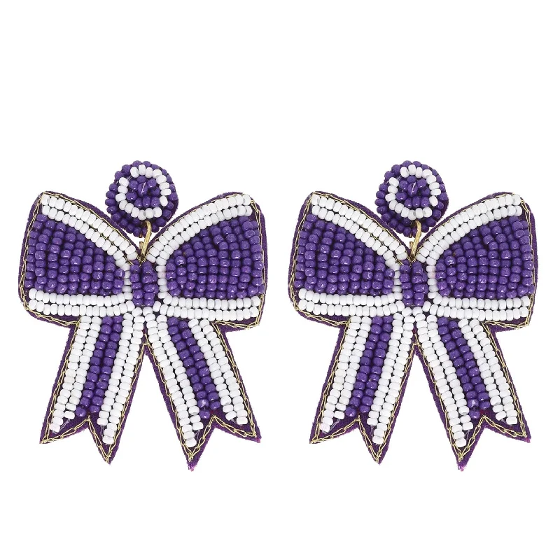 Hoop earrings with dangling charms for a playful and fun look-Game Day Bow Earrings in Purple