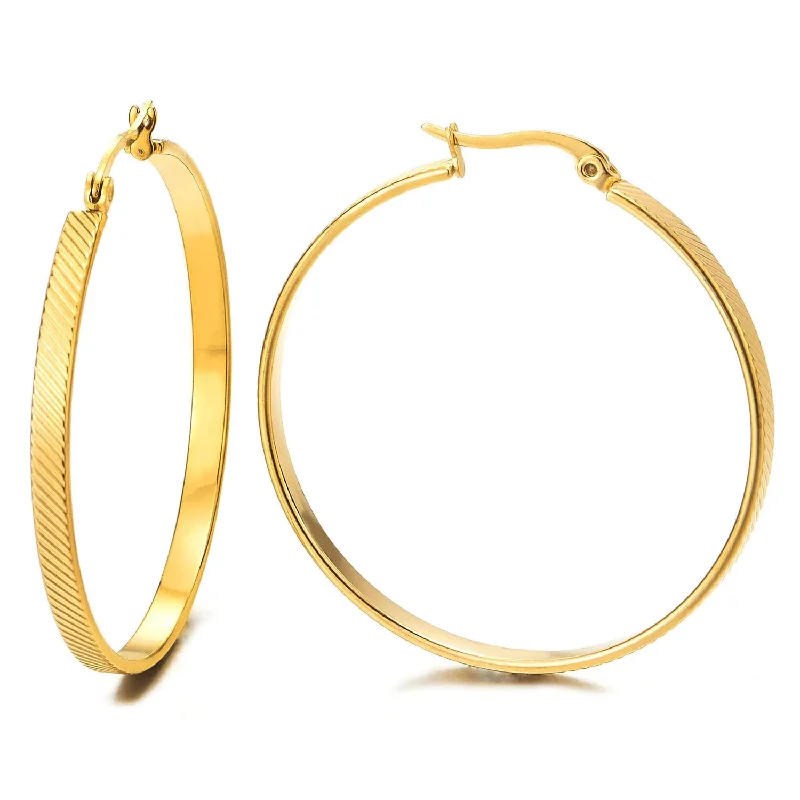 Hoop earrings with abstract wirework for an artistic, unique look-Gold Color Statement Earrings Oblique Texture Grooved Stripes Circle Huggie Hinged Hoop, Fashion