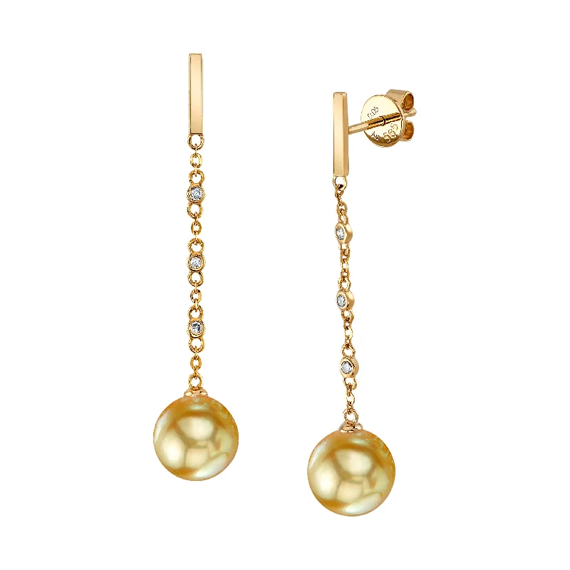 Hoop earrings with resin accents for a bold and colorful design-Golden South Sea Pearl & Diamond Flicker Dangle Earrings