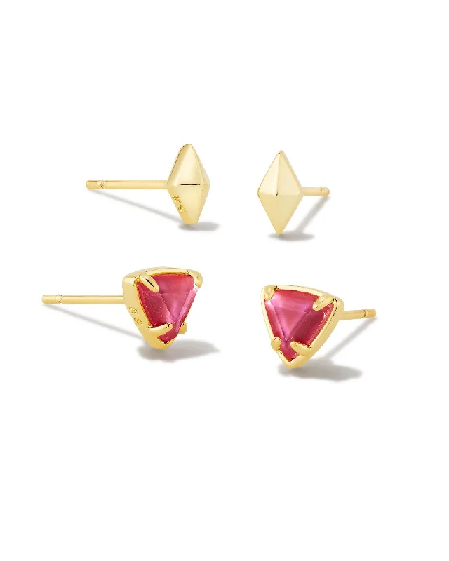 Hoop earrings with stacked layers for a bold and textured design-Greta Stud Earring Set in Gold Magenta Illusion