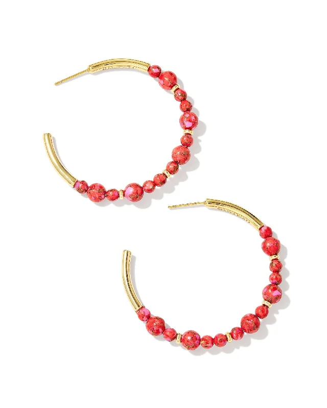 Hoop earrings with artistic filigree designs for an intricate, delicate finish-Jovie Beaded Hoop Earring in Gold Bronze Veined Red and Fuchsia Magnesite