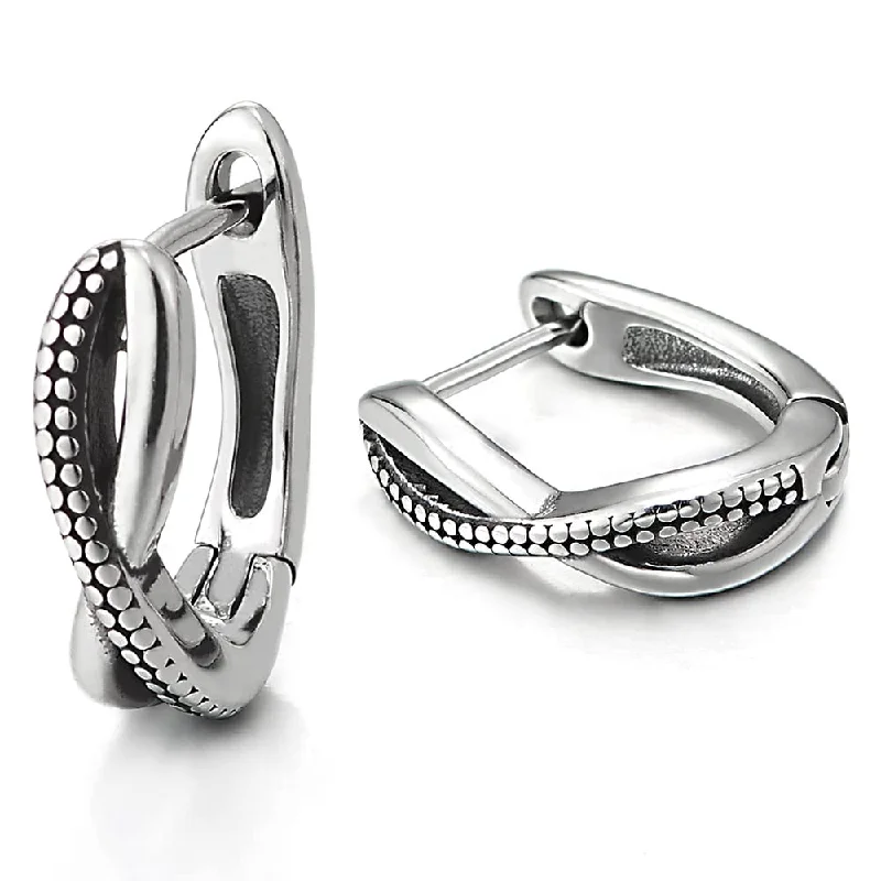 Best hoop earrings with infinity designs for a timeless and meaningful symbol-Men Womens Stainless Steel Horseshoe U-shape Dotted Braid Huggie Hinged Hoop Earrings