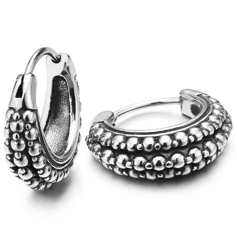 Hoop earrings with rhinestone-studded rims for a glamorous touch-Mens Women Retro Style Stainless Steel Grooved Dotted Huggie Hinged Hoop Earrings 2 pcs