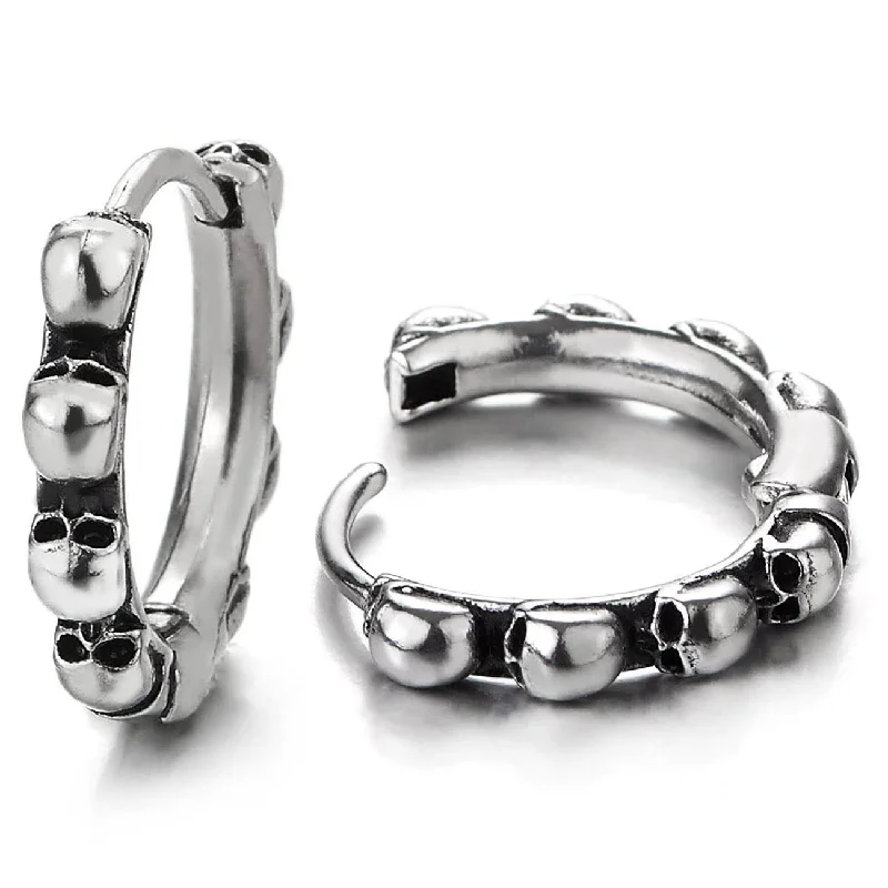 Best hoop earrings with detachable studs for a versatile and adjustable accessory-Mens Women Stainless Steel Row of Skulls Huggie Hinged Hoop Earrings 2 pcs