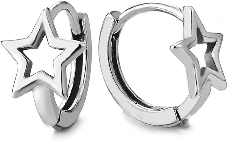 Classic hoop earrings with a thin profile for a sleek and subtle style-Mens Womens Stainless Steel Star Frame Pentagram Huggie Hinged Hoop Earrings, 1 Pair