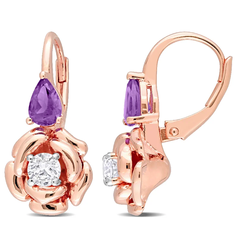 Best hoop earrings with braided leather for a rustic, stylish finish-Mimi & Max 1 1/3 CT TGW Pear-Shape African Amethyst and White Topaz Rose Leverback Earrings