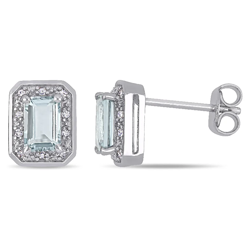 Best hoop earrings with butterfly motifs for a playful and whimsical appearance-Mimi & Max 1/10ct TW Diamond and Emerald Cut Aquamarine Halo Earrings in Sterling Silver