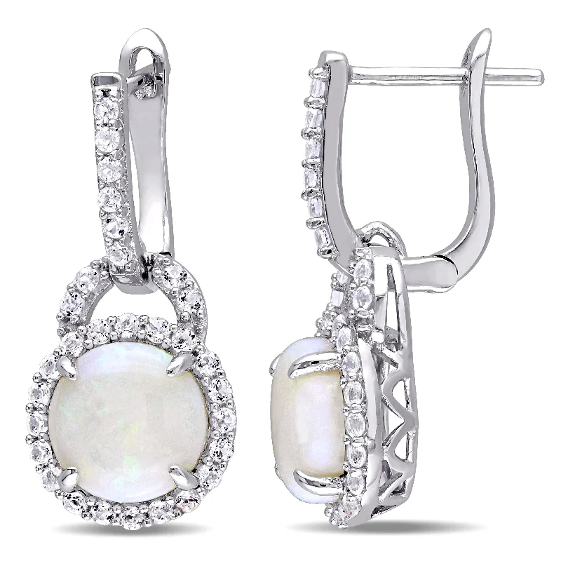 Hoop earrings with hammered textures for a boho-chic and rustic vibe-Mimi & Max 3 1/10ct TGW Opal and White Topaz Hinged Hoop Earrings in Sterling Silver