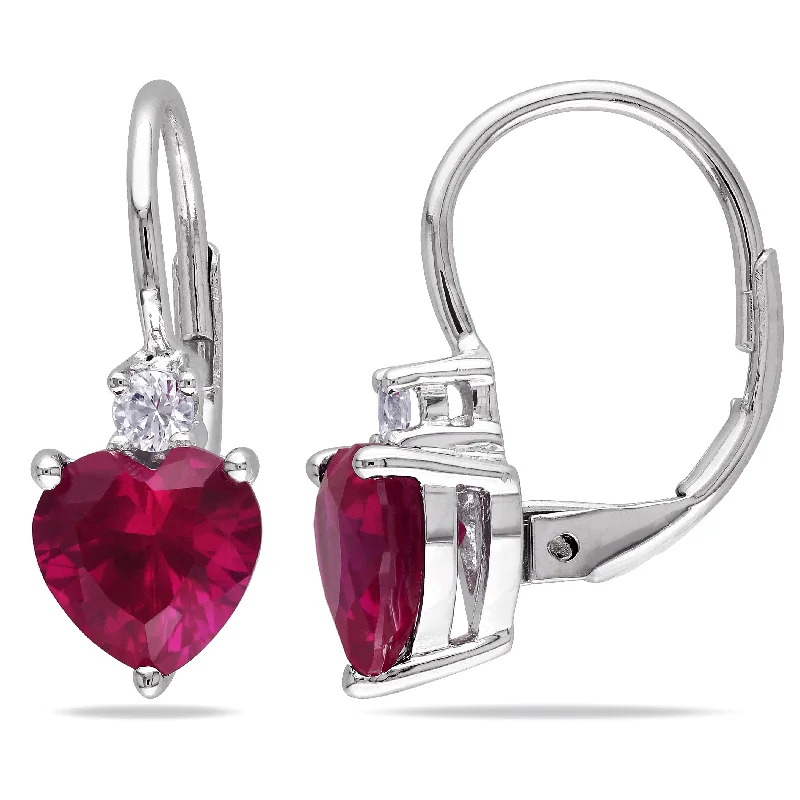 Best hoop earrings with geometric shapes for a modern and artistic appeal-Mimi & Max 3 3/8ct TGW Created Ruby and White Sapphire Heart Leverback Earrings in Sterling Silver