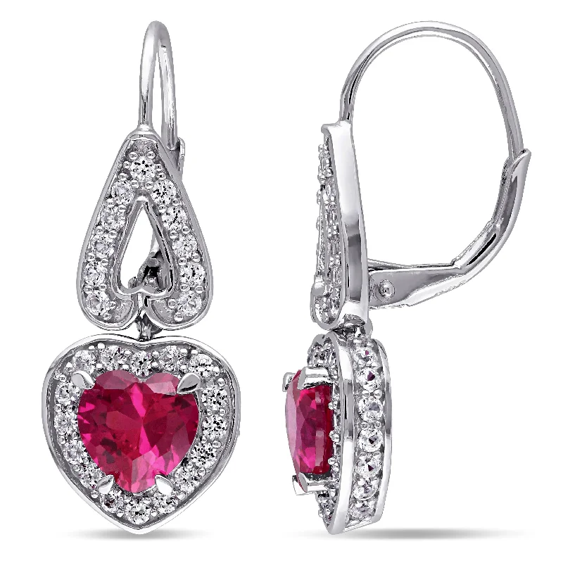 Best hoop earrings with rose gold for a romantic and warm aesthetic-Mimi & Max 4 7/8ct TGW Created Ruby and White Sapphire Heart Leverback Earrings in Sterling Silver