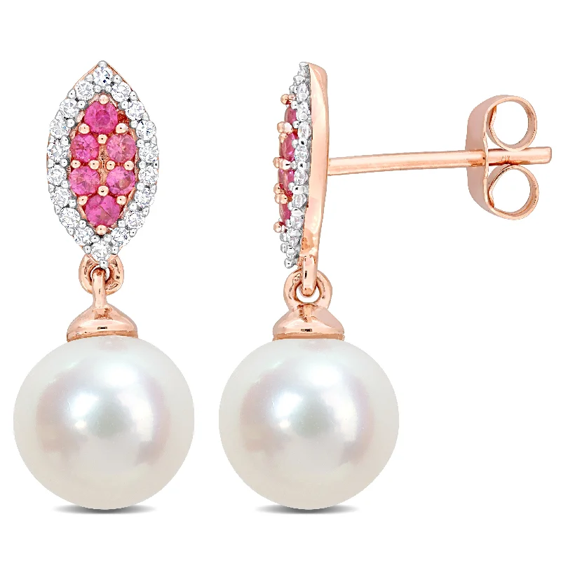 Hoop earrings with heart-shaped frames for a romantic and feminine look-Mimi & Max 8mm Cultured Freshwater Pearl 1/7ct TDW Diamond & Pink Sapphire Marquise Earrings 14k Rose Gold