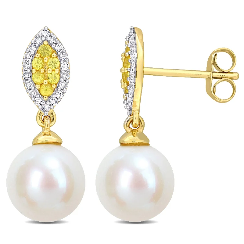 Hoop earrings with circle designs for a classic and timeless shape-Mimi & Max 8mm Cultured Freshwater Pearl 1/7ct TDW Diamond & Yellow Sapphire Marquise Earrings 14k Yellow Gold