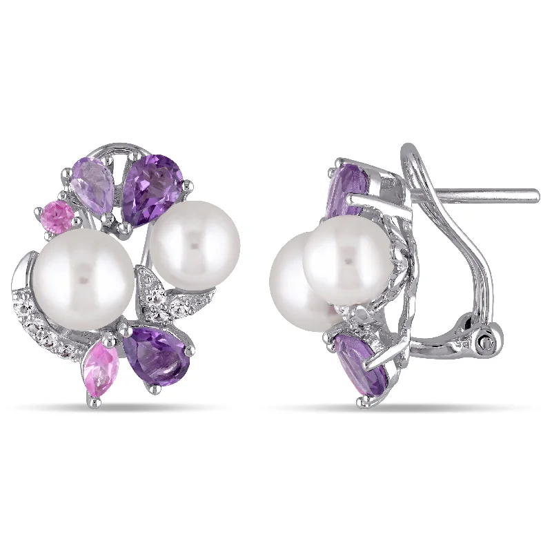 Best hoop earrings with geometric pendants for a modern, chic appeal-Mimi & Max Amethyst, Rose de France, Created Pink and Created White Sapphire and White Cultured Freshwater Pearl Cluster Earrings