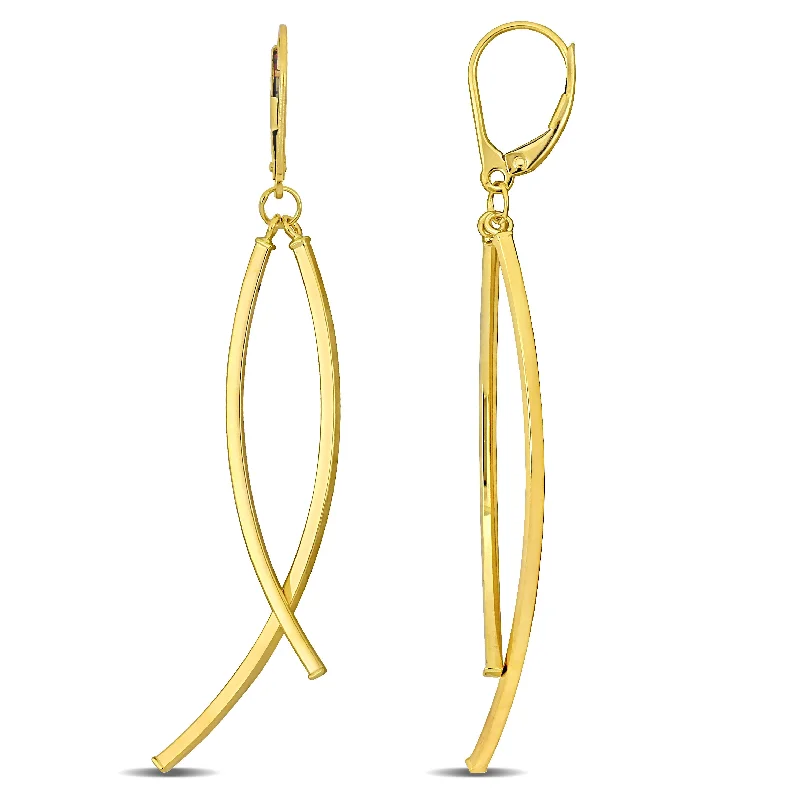 Best hoop earrings with enamel details for a colorful and modern look-Open Crossover Design Hanging Earrings on Leverback in 10K Yellow Gold