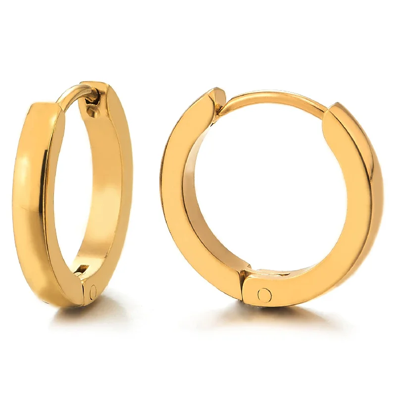 Lightweight hoop earrings for comfortable and all-day wear-Pair Gold Color Stainless Steel Plain Huggie Hinged Hoop Earrings Unisex Mens Womens