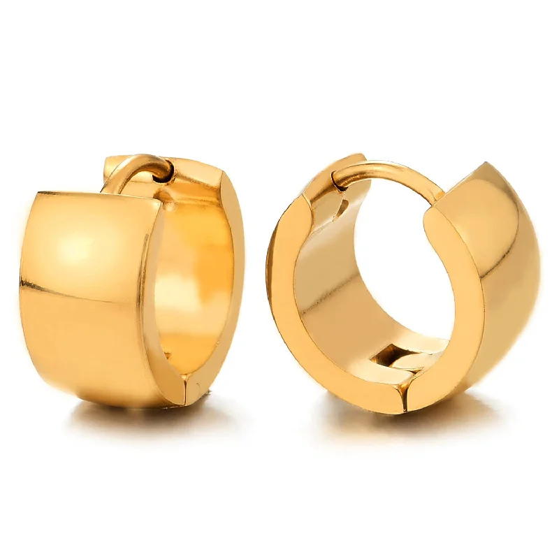 Best hoop earrings with oval shapes for a unique and elongated design-Pair Mens Womens Gold Stainless Steel Curved Surface Huggie Hinged Hoop Earrings Classic, Polished