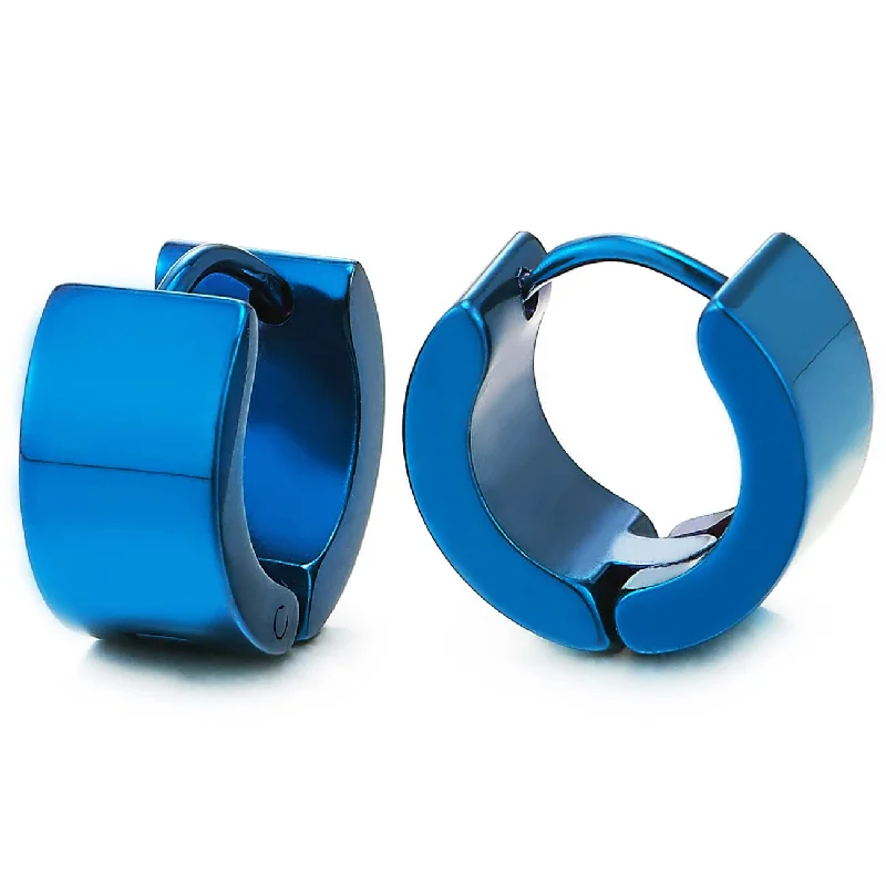 Hoop earrings with enamel stripes for a colorful and eye-catching design-Pair of Blue Huggie Hinged Hoop Earrings Unisex Men Women