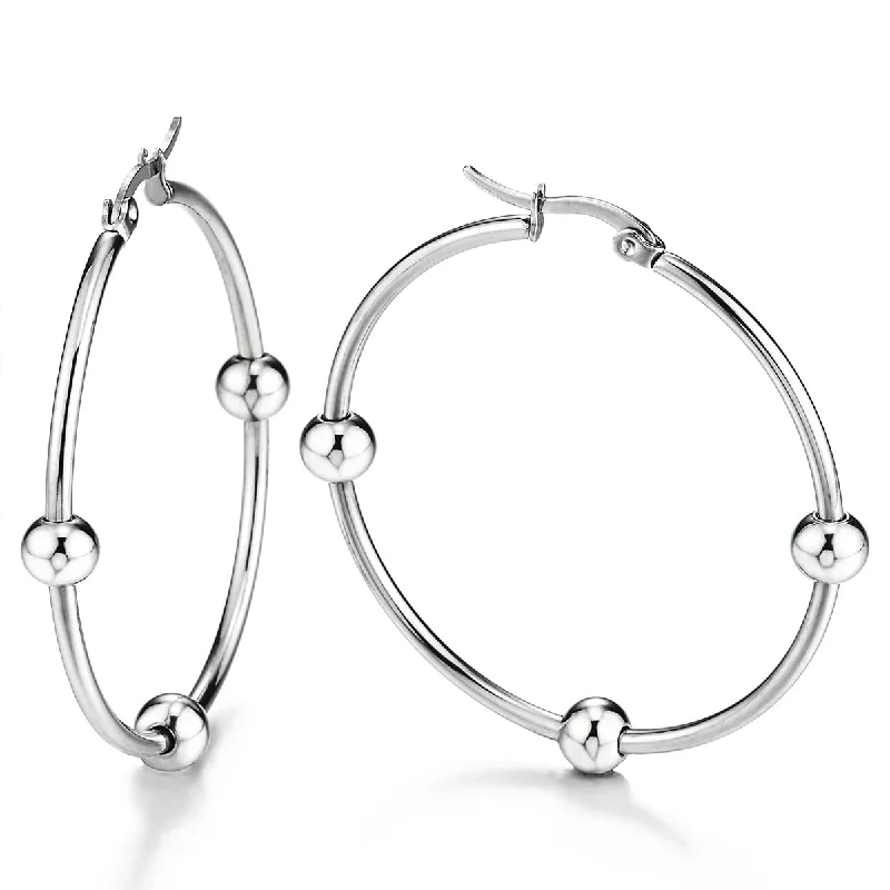 Hoop earrings with colorful beads for a fun and playful vibe-Pair Stainless Steel Ball Circle Huggie Hinged Hoop Earrings for Women Silver Color