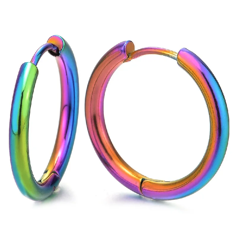 Hoop earrings with removable pendants for a versatile and customizable accessory-Pair Stainless Steel Colorful Plain Circle Huggie Hinged Hoop Earrings for Men Women