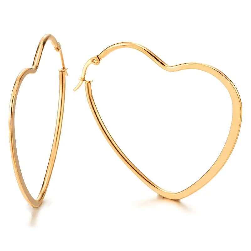 Hoop earrings with oversized designs for a bold, fashion-forward statement-Pair Stainless Steel Gold Color Flat Heart Huggie Hinged Hoop Earrings for Women