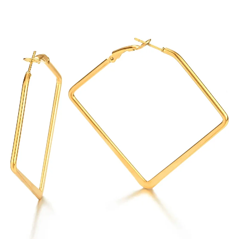 Large hoop earrings for a bold and statement-making fashion accessory-Pair Stainless Steel Gold Color Large Plain Square Huggie Hinged Hoop Earrings for Women