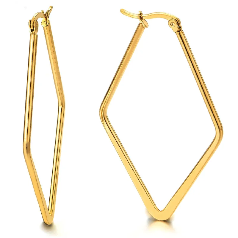 Hoop earrings with braided patterns for a detailed and textured finish-Pair Stainless Steel Gold Color Large Rhombus Huggie Hinged Hoop Earrings for Women