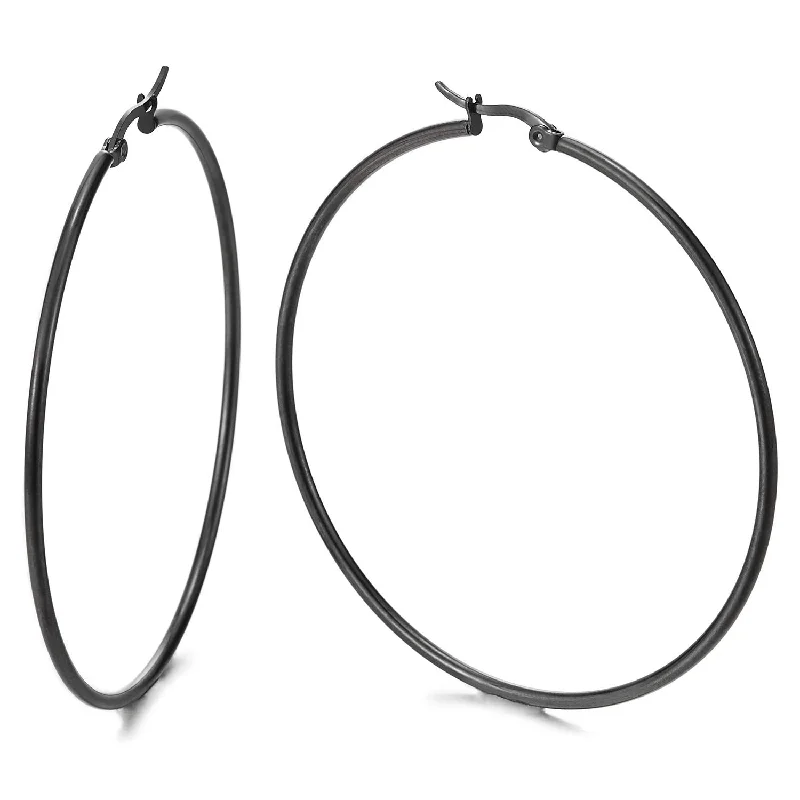 Hoop earrings with intricate designs for a unique and artistic appearance-Pair Stainless Steel Large Black Plain Circle Huggie Hinged Hoop Earrings for Women