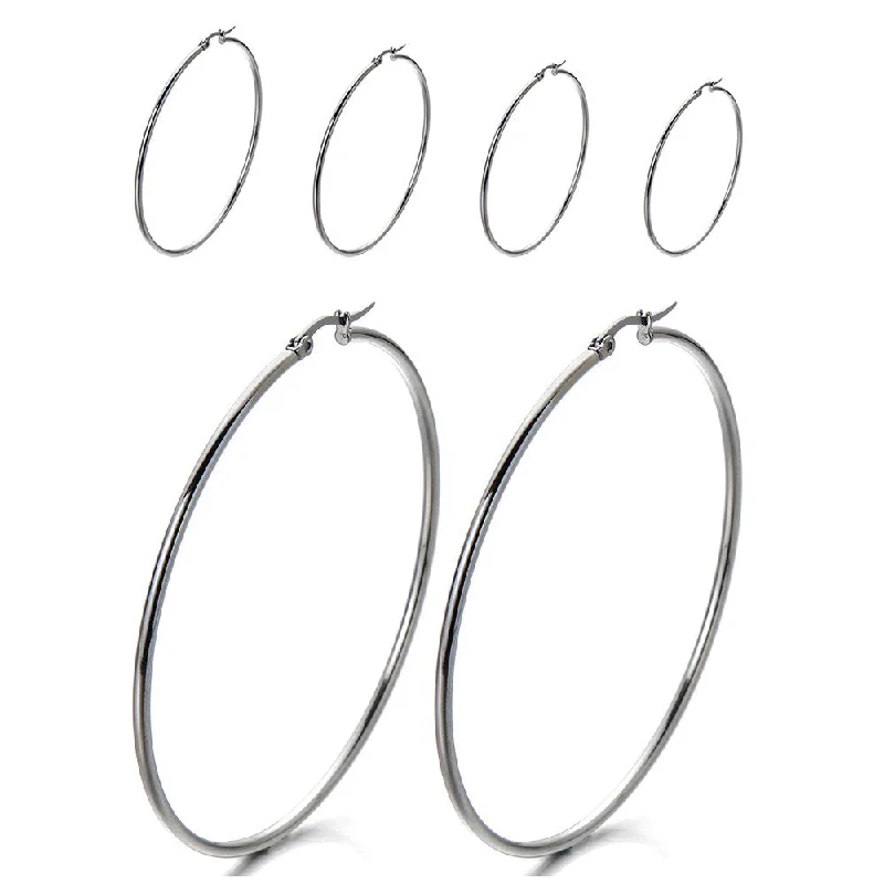 Hoop earrings with satin finishes for a smooth and elegant appearance-Pair Stainless Steel Large Plain Circle Huggie Hinged Hoop Earrings for Women