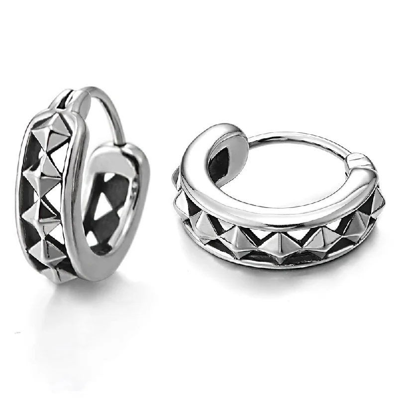 Hoop earrings with tortoiseshell designs for a chic and classic style-Pair Stainless Steel Line of Diamond Shape Huggie Hinged Hoop Earrings, Unisex Men Women