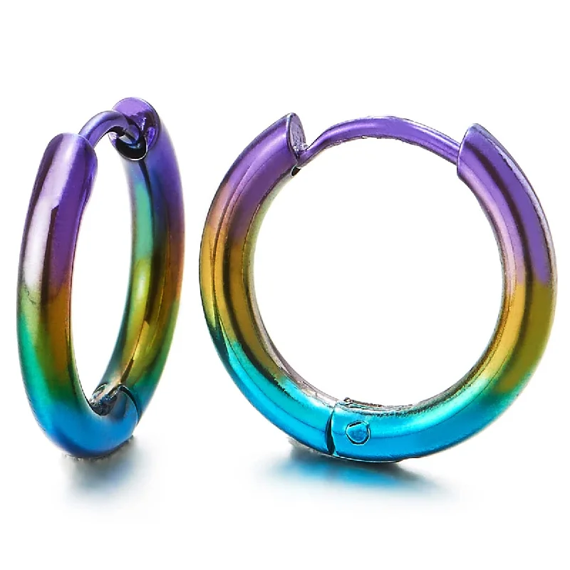 Hoop earrings with twisted leather for a chic and modern boho look-Pair Stainless Steel Oxidized Blue Yellow Purple Plain Circle Huggie Hinged Hoop Earrings Men Women