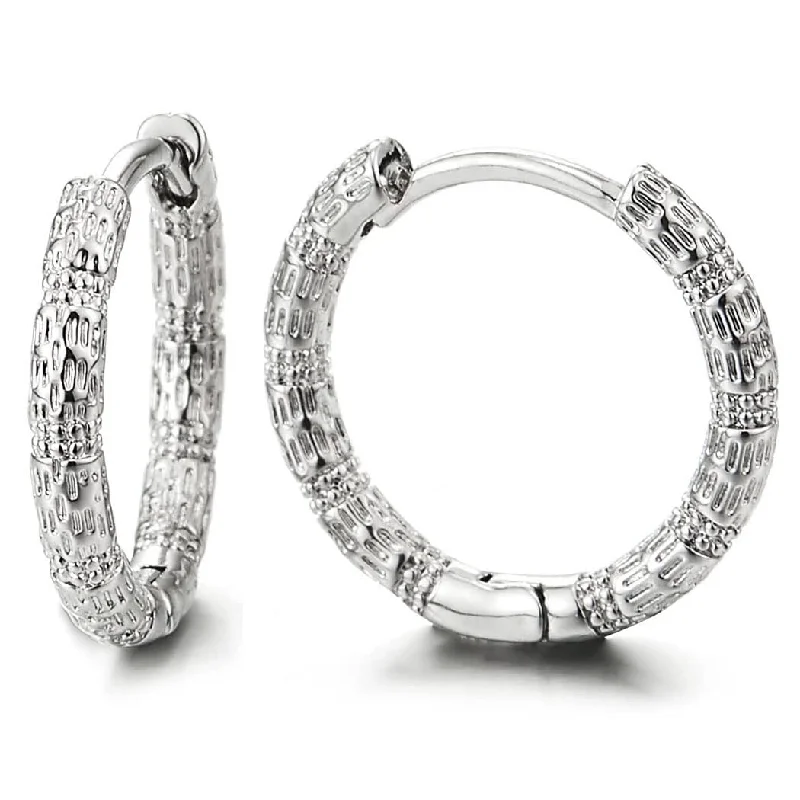 Best hoop earrings with gemstone accents for a colorful and elegant appearance-Pair Stainless Steel Uneven Rough Surface Circle Huggie Hinged Hoop Earrings for Men Women