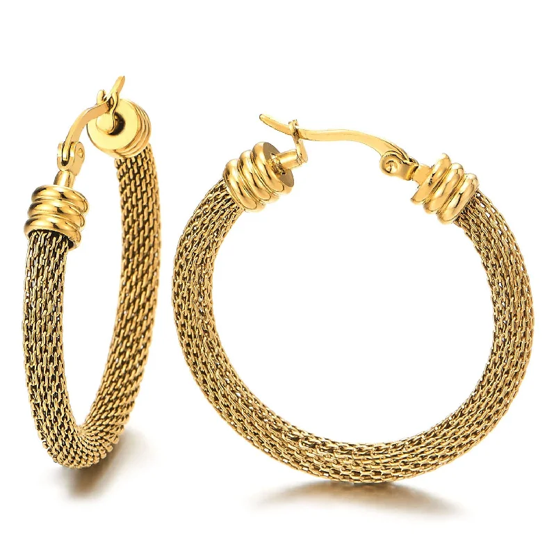 Best hoop earrings with marbled designs for a trendy and artistic effect-Pair Stainless Steel Wire Mesh Circle Huggie Hinged Hoop Earrings for Women Gold Color