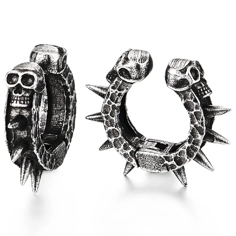 Best hoop earrings with blackened metal for an edgy and bold appearance-Pair Steel Skull Spike Circle Huggie Hinged Hoop Clip-on Earrings Men Women, Old Metal Treatment