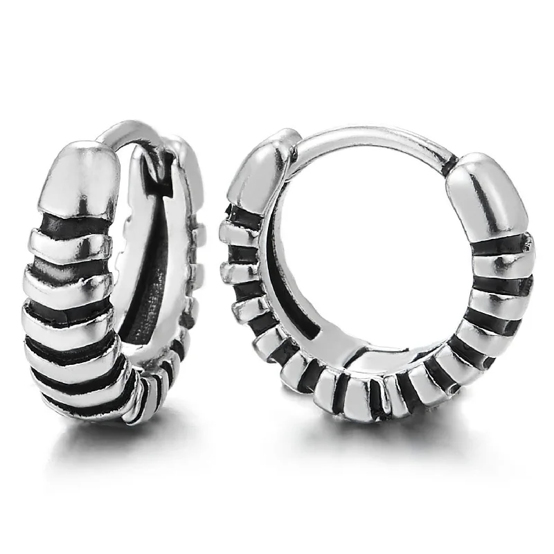 Hoop earrings with infinity loop designs for a continuous and eternal shape-Pair Unisex Mens Womens Stainless Steel Vintage Stripes Grooved Huggie Hinged Hoop Earrings