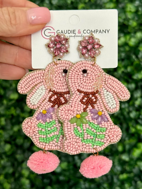 Hoop earrings with oversized designs for a bold, fashion-forward statement-Pink Easter Bunny Pom Pom