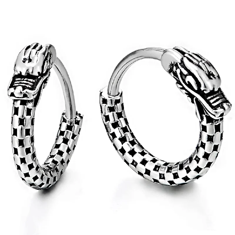 Best hoop earrings with cubic zirconia for a budget-friendly, dazzling look-Retro Style Vintage Dragon Scales Huggie Hinged Hoop Earrings for Men, Stainless Steel