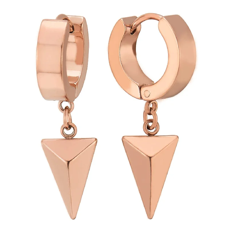 Hoop earrings with heart-shaped frames for a romantic and feminine look-Rose Gold Dangling Triangle Pyramid Huggie Hinged Earrings for Men Women, Stainless Steel, 2pcs